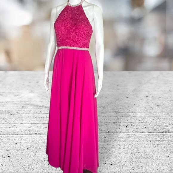 Madison James Hot Pink Fuchsia High Neck Modest Prom Bridesmaid dress - Picture 3 of 6